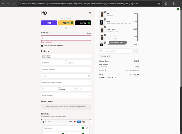 Hu Kitchen checkout page showing Hu Kitchen promo code box | Screenshot taken by SimplyCodes community member on Sep 4, 2025