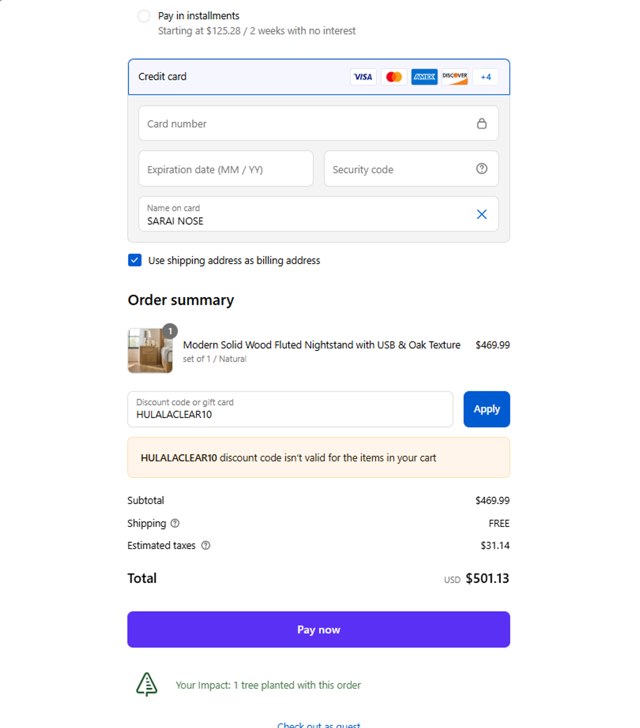 Hulala Home checkout page showing Hulala Home promo code box | Screenshot taken by SimplyCodes community member on Sep 4, 2025