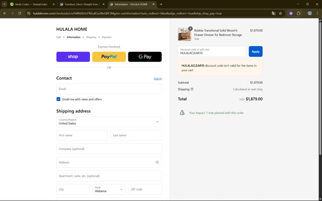 Hulala Home checkout page showing Hulala Home promo code box | Screenshot taken by SimplyCodes community member on Sep 4, 2025