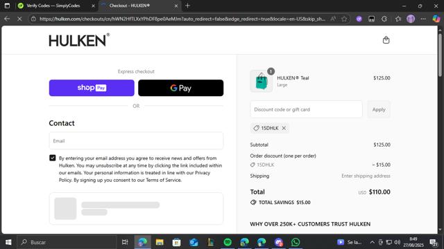 Hulken checkout page showing Hulken discount code box | Screenshot taken by SimplyCodes community member on Aug 27, 2025