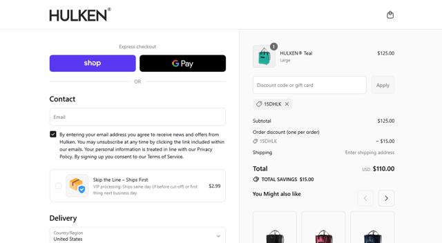 Hulken checkout page showing Hulken discount code box | Screenshot taken by SimplyCodes community member on Sep 6, 2025