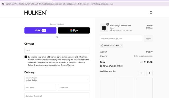 Hulken checkout page showing Hulken discount code box | Screenshot taken by SimplyCodes community member on Aug 20, 2025
