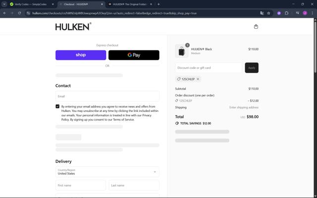 Hulken checkout page showing Hulken discount code box | Screenshot taken by SimplyCodes community member on Sep 13, 2025