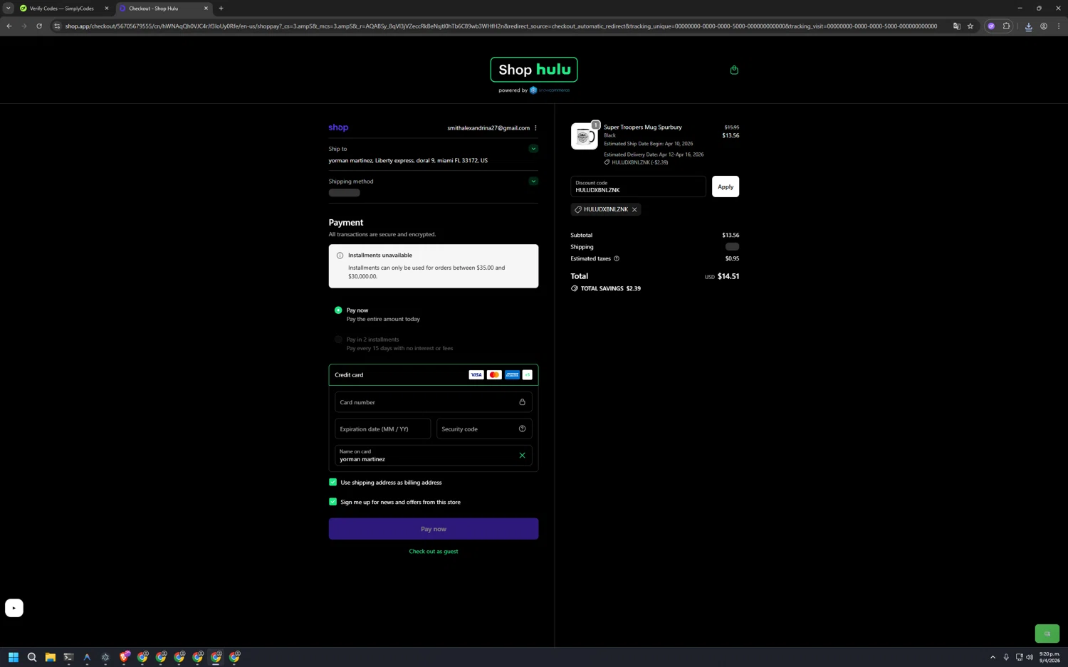Hulu Shop promo code screenshot showing code HULUDXBNLZNK applied at Hulu Shop checkout page. Uploaded by SimplyCodes community member PERREONENE on Apr 10, 2026