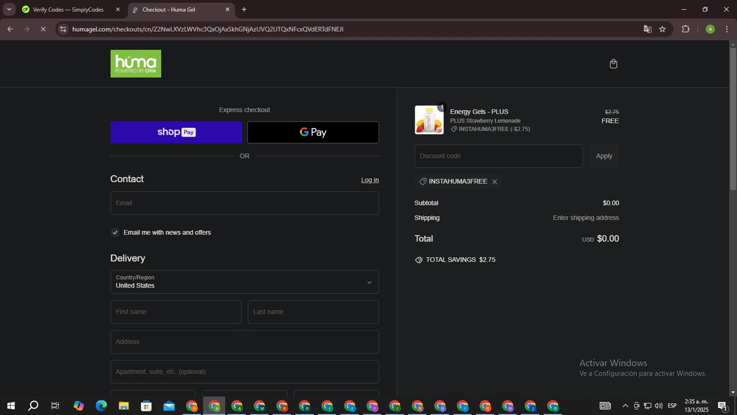 Huma Gel discount code screenshot showing code INSTAHUMA3FREE applied at Huma Gel checkout page. Uploaded by SimplyCodes community member DiscountSpotter1028 on Jan 13, 2025