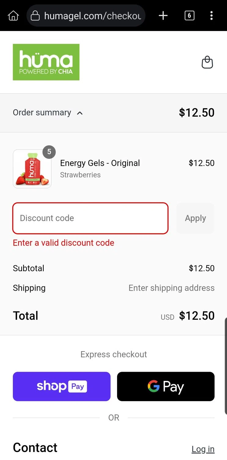 Huma Gel discount code screenshot showing code Get4FreeNow! applied at Huma Gel checkout page. Uploaded by SimplyCodes community member Carloslvz on May 3, 2025
