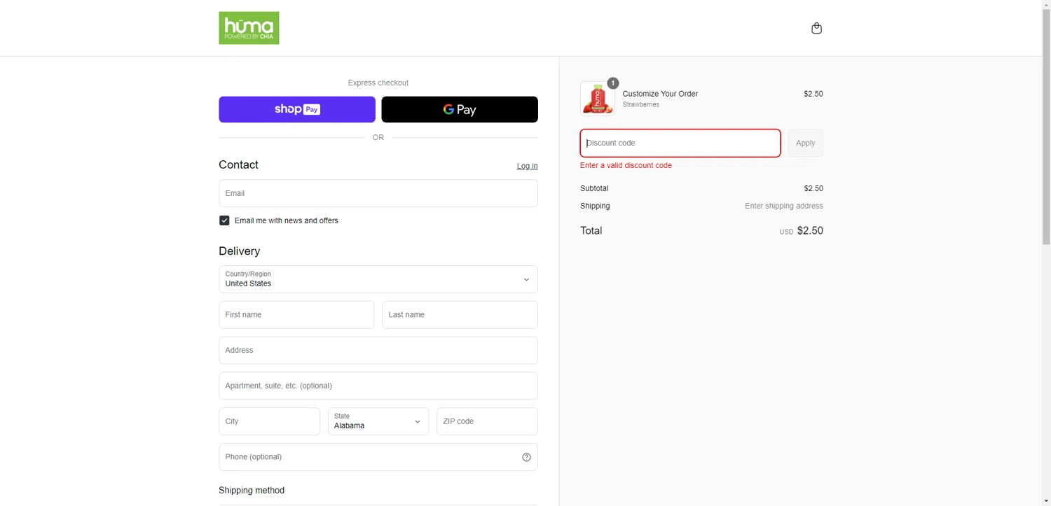 Huma Gel discount code screenshot showing code Get4FreeNow! applied at Huma Gel checkout page. Uploaded by SimplyCodes community member VoucherHero1009 on May 3, 2025