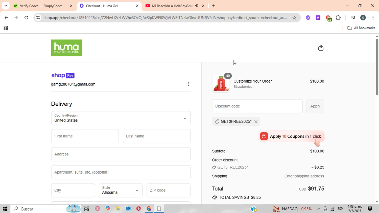 Huma Gel discount code screenshot showing code GET3FREE2025* applied at Huma Gel checkout page. Uploaded by SimplyCodes community member CrownWizard8571 on Jul 7, 2025