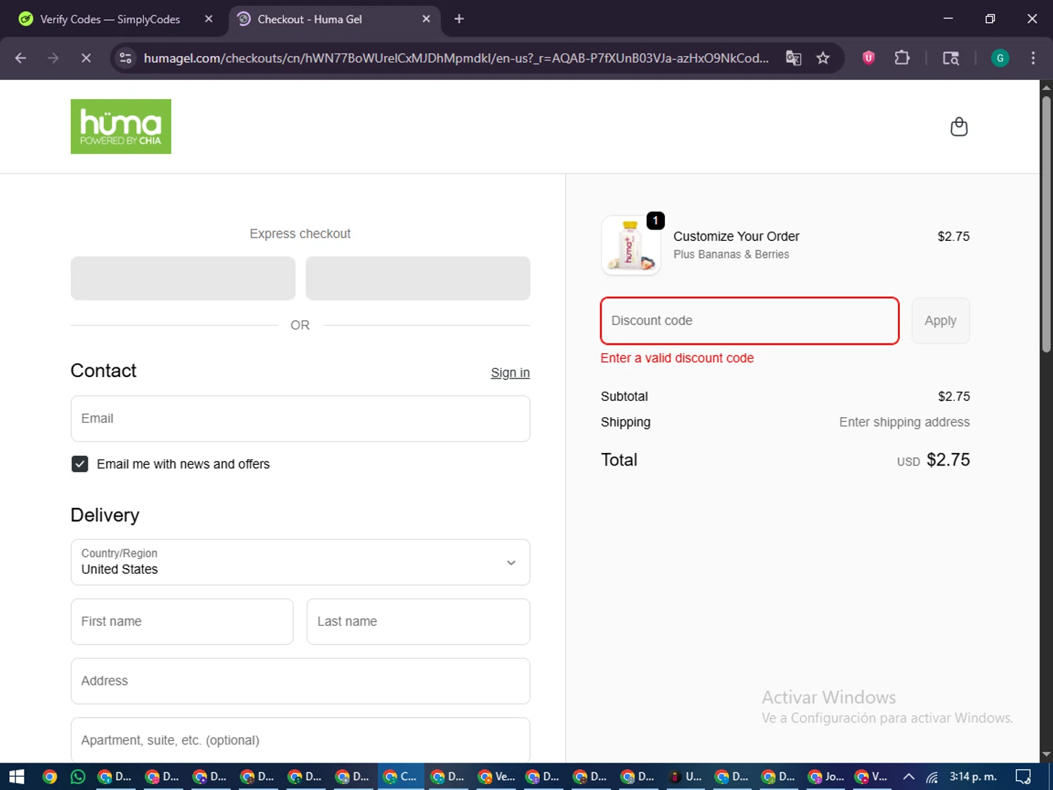 Huma Gel discount code screenshot showing code GET3FREE2025* applied at Huma Gel checkout page. Uploaded by SimplyCodes community member PennyFinder5759 on Jan 1, 2026