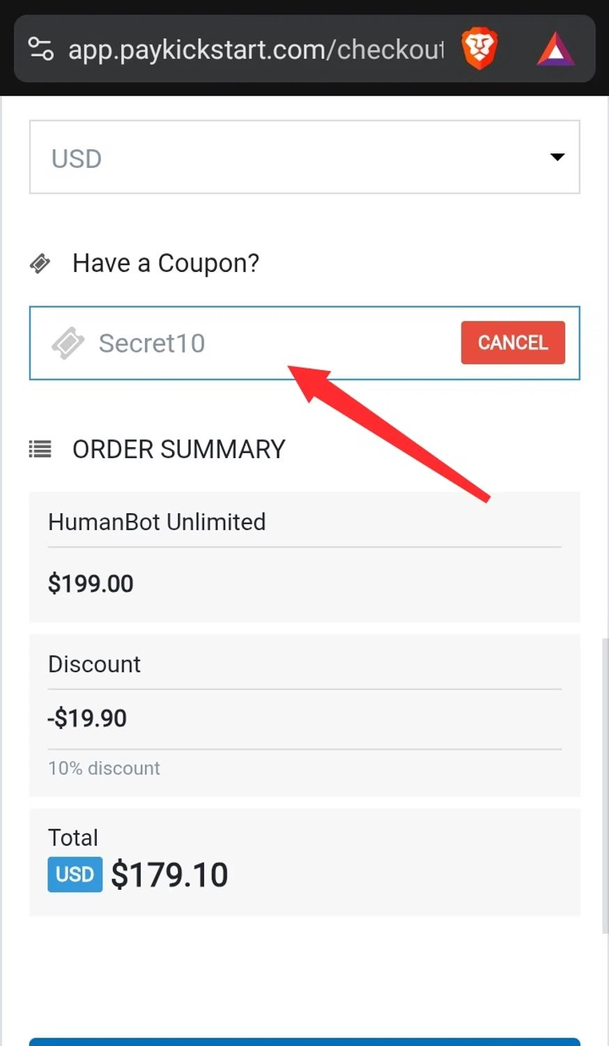 HumanBot promo code screenshot showing code Secret10 applied at HumanBot checkout page. Uploaded by SimplyCodes community member 1763PrettyViewLane on Jul 24, 2025