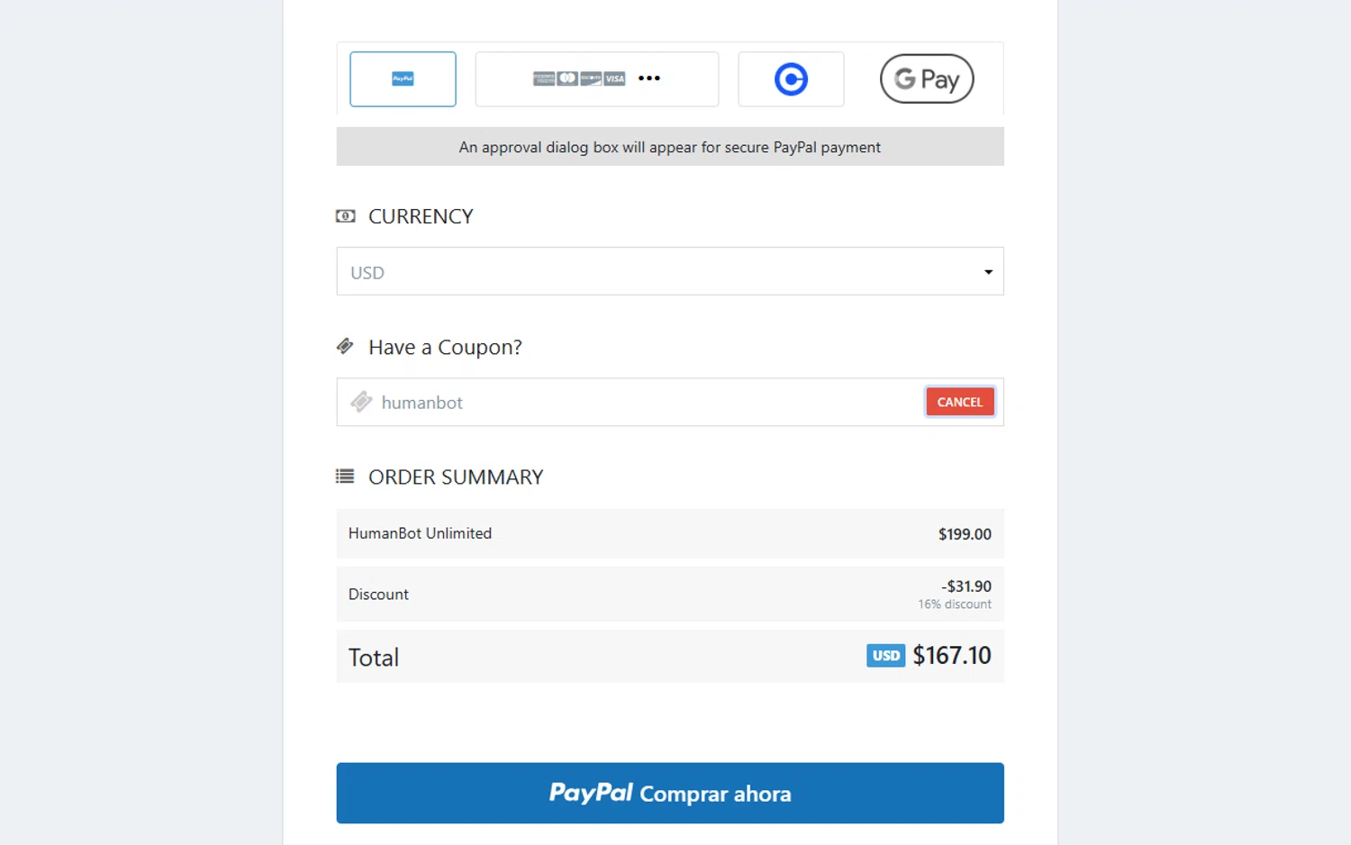 HumanBot promo code screenshot showing code humanbot applied at HumanBot checkout page. Uploaded by SimplyCodes community member MoneyWizard9842 on Dec 24, 2025