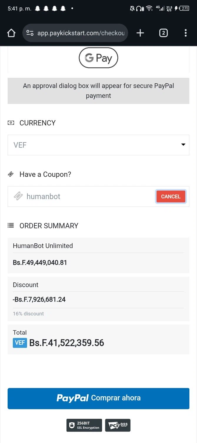 HumanBot promo code screenshot showing code humanbot applied at HumanBot checkout page. Uploaded by SimplyCodes community member Sasuk3 on Oct 9, 2025
