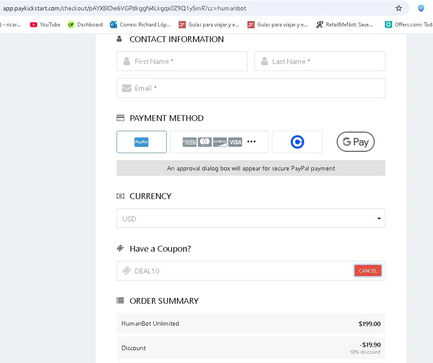 HumanBot promo code screenshot showing code DEAL10 applied at HumanBot checkout page. Uploaded by SimplyCodes community member LAMINEJAMAL on Jun 21, 2025