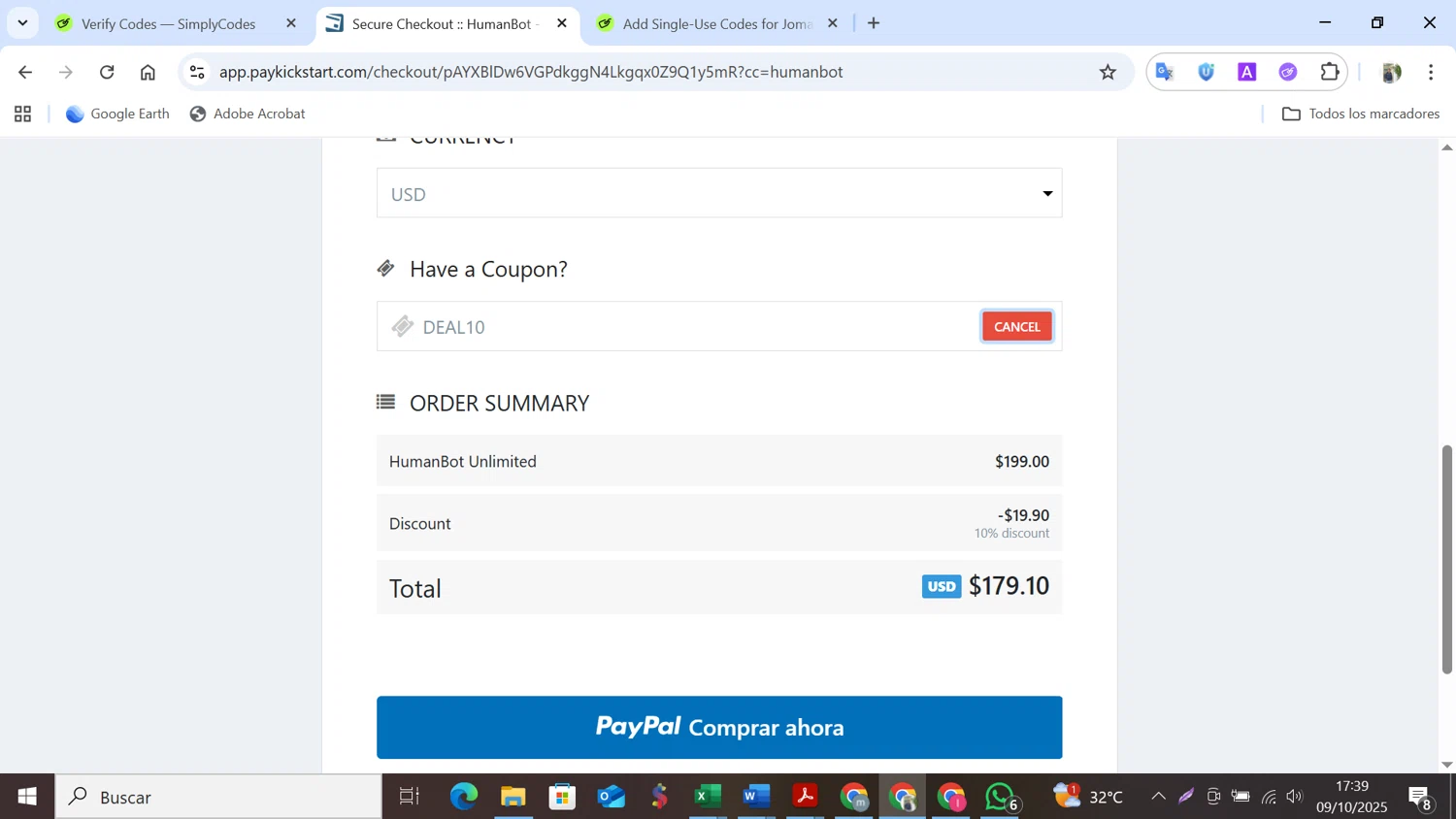 HumanBot promo code screenshot showing code DEAL10 applied at HumanBot checkout page. Uploaded by SimplyCodes community member NobleMonarch5837 on Oct 9, 2025