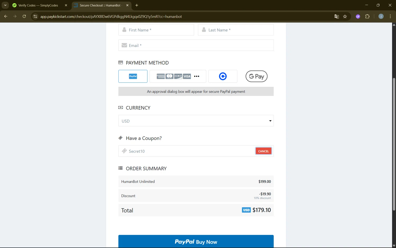 HumanBot promo code screenshot showing code Secret10 applied at HumanBot checkout page. Uploaded by SimplyCodes community member frijolito on Aug 22, 2025