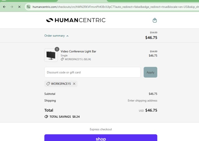HumanCentric checkout page showing HumanCentric coupon code box | Screenshot taken by SimplyCodes community member on Aug 31, 2025
