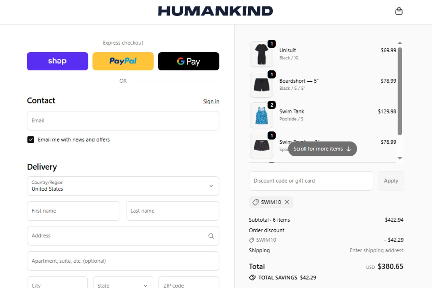 Humankind discount code screenshot showing code SWIM10 applied at Humankind checkout page. Uploaded by SimplyCodes community member CleverEagle9672 on Nov 14, 2025
