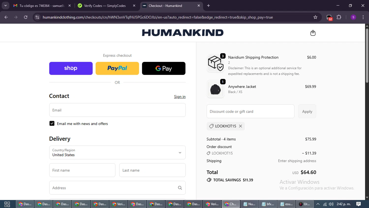 Humankind discount code screenshot showing code LOOKHOT15 applied at Humankind checkout page. Uploaded by SimplyCodes community member ShieldWarden7838 on Oct 10, 2025