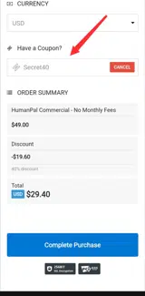 SECRET40 coupon verification screenshot