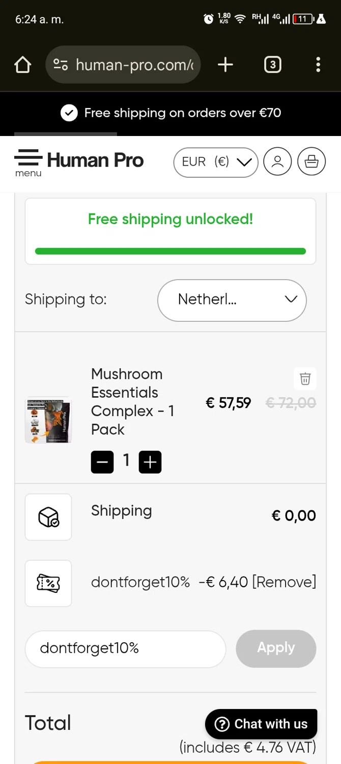 Human Pro promo code screenshot showing code dontforget10% applied at Human Pro checkout page. Uploaded by SimplyCodes community member ScanShopper554 on Jul 24, 2025