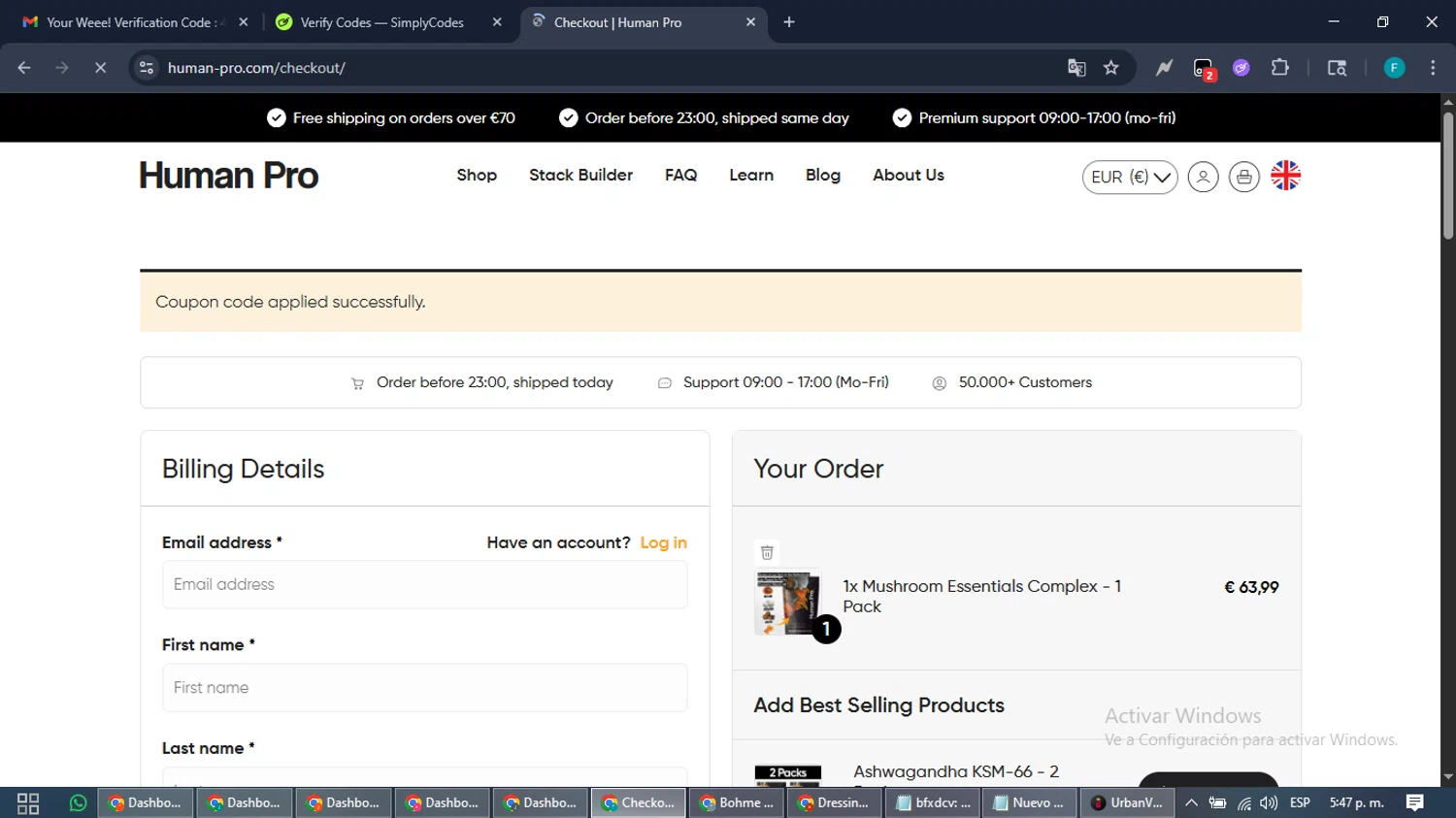 Human Pro checkout page showing Human Pro promo code box | Screenshot taken by SimplyCodes community member on Feb 10, 2026