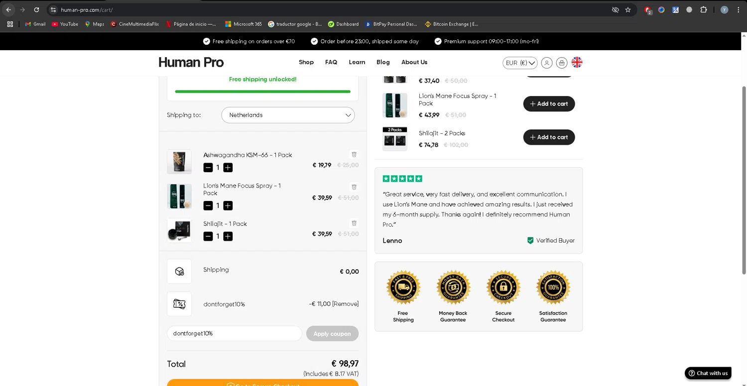 Human Pro promo code screenshot showing code dontforget10% applied at Human Pro checkout page. Uploaded by SimplyCodes community member YJMQ95 on Jun 18, 2025