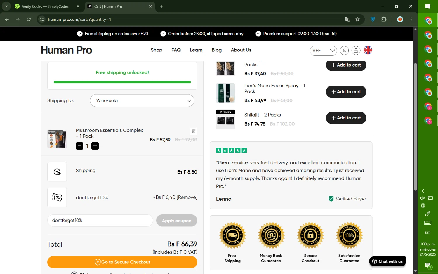 Human Pro promo code screenshot showing code dontforget10% applied at Human Pro checkout page. Uploaded by SimplyCodes community member DealTiger9869 on May 21, 2025