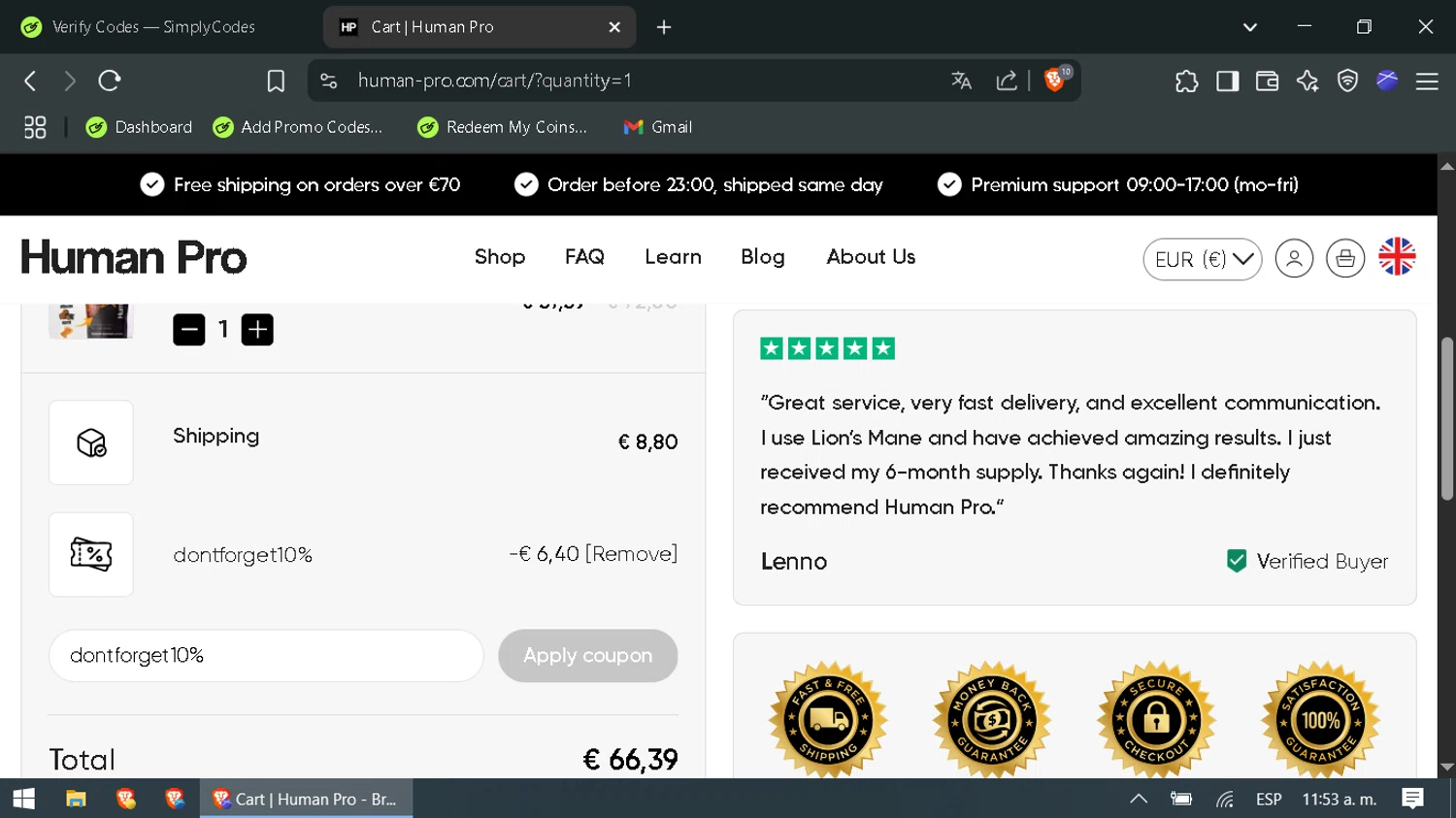 Human Pro checkout page showing Human Pro promo code box | Screenshot taken by SimplyCodes community member on May 21, 2025