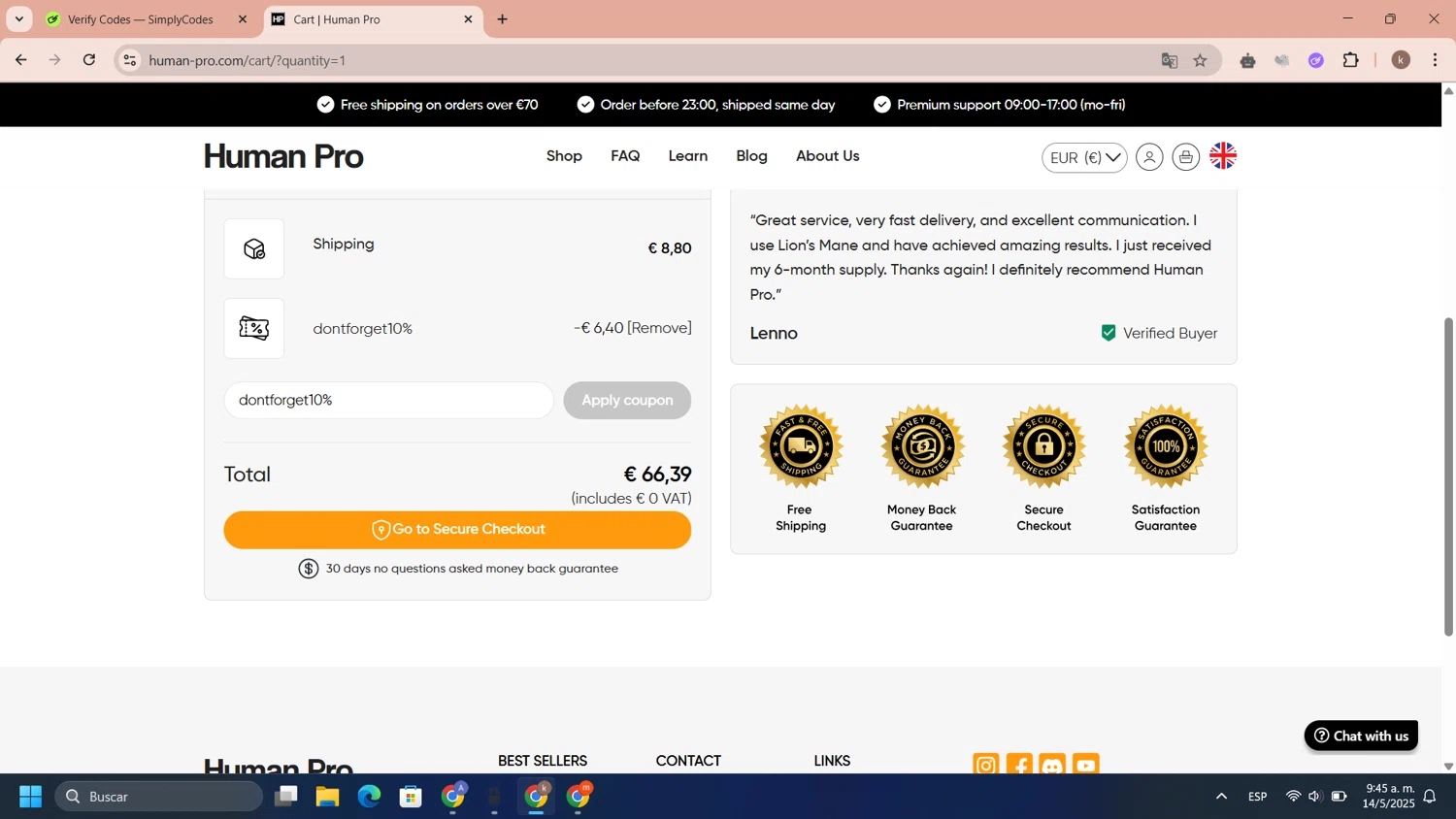 Human Pro checkout page showing Human Pro promo code box | Screenshot taken by SimplyCodes community member on May 14, 2025
