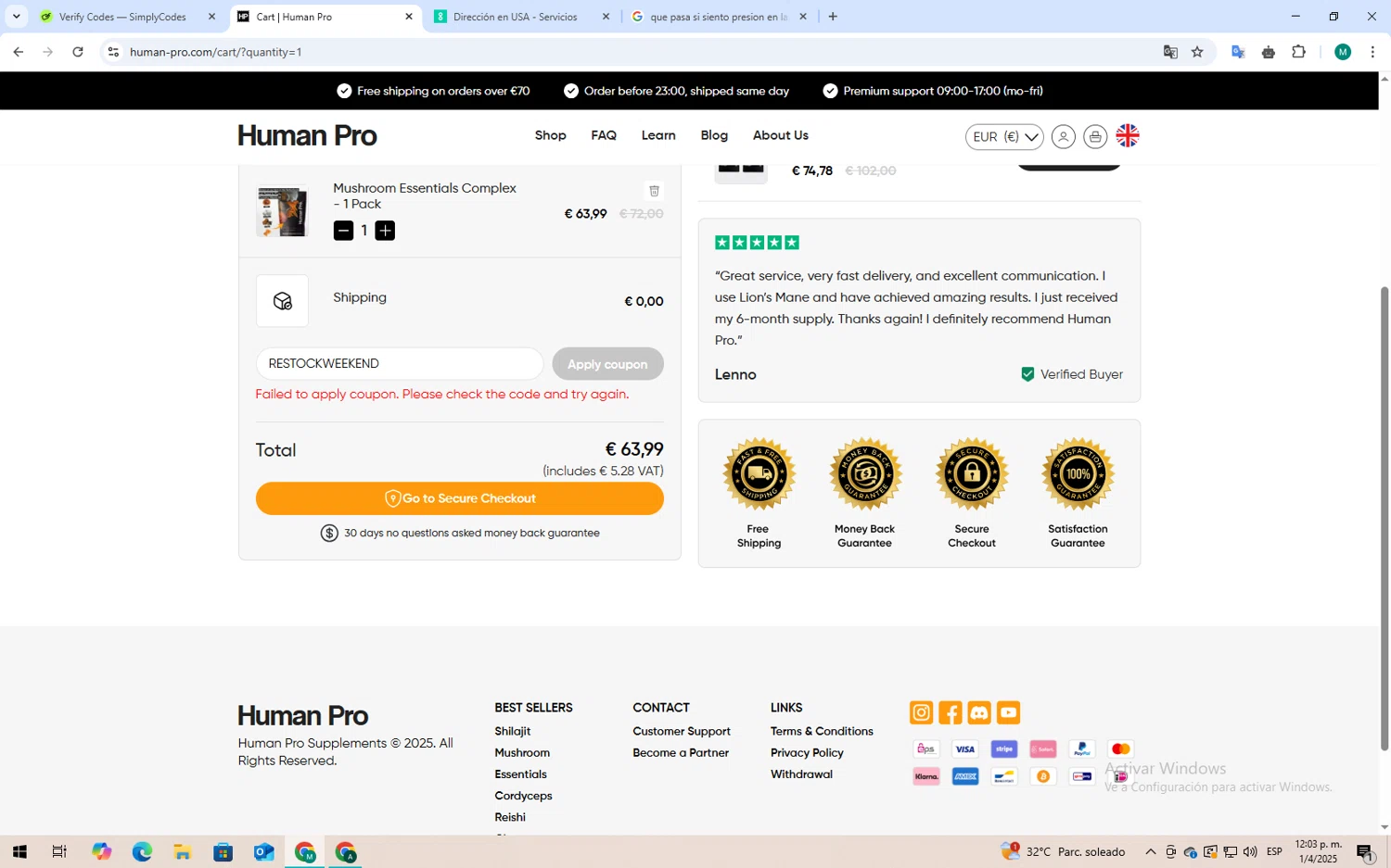 Human Pro promo code screenshot showing code RESTOCKWEEKEND applied at Human Pro checkout page. Uploaded by SimplyCodes community member mariaauxiliadorahen on Apr 1, 2025