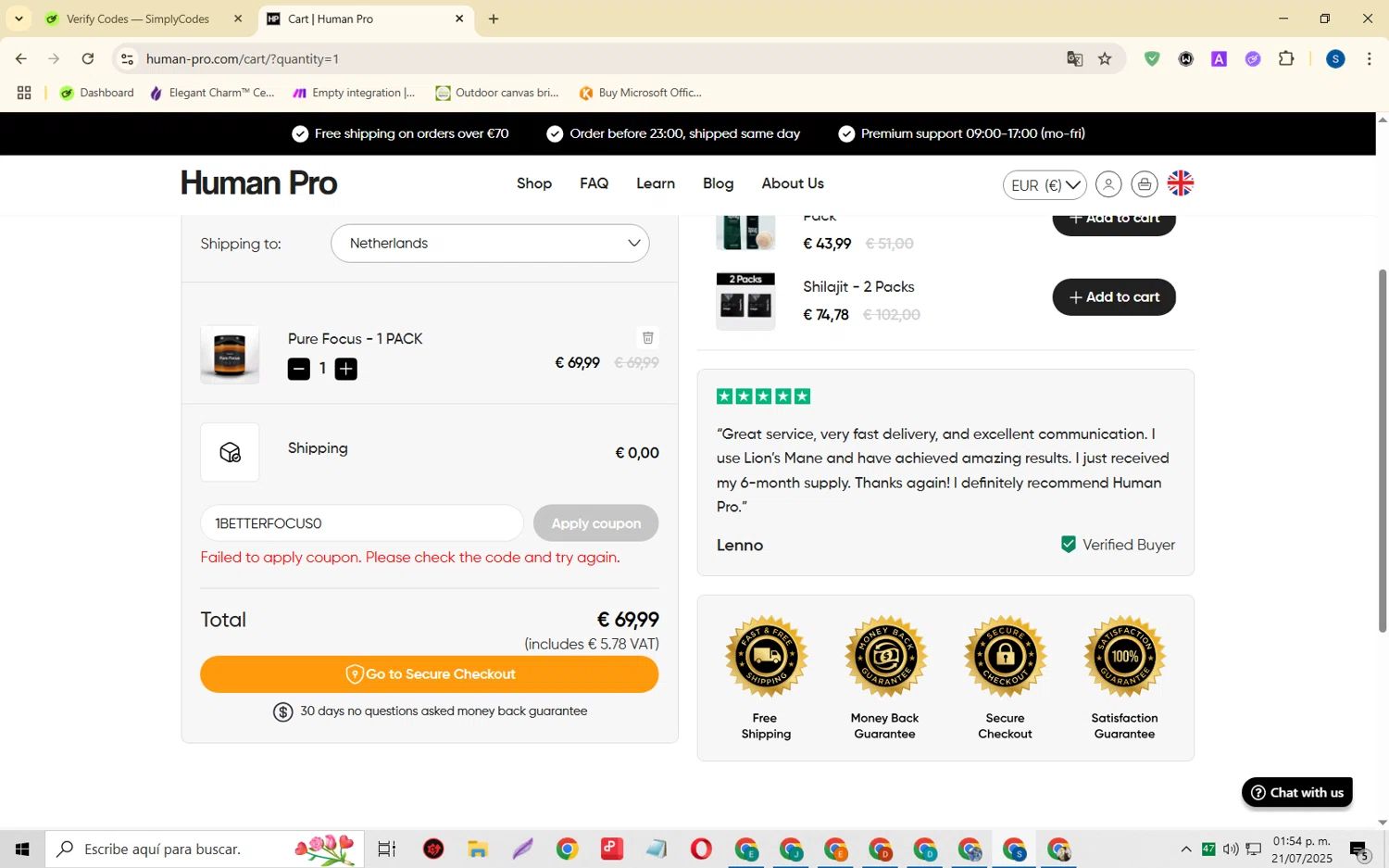 Human Pro promo code screenshot showing code 1BETTERFOCUS0 applied at Human Pro checkout page. Uploaded by SimplyCodes community member CleverOwl2485 on Jul 21, 2025