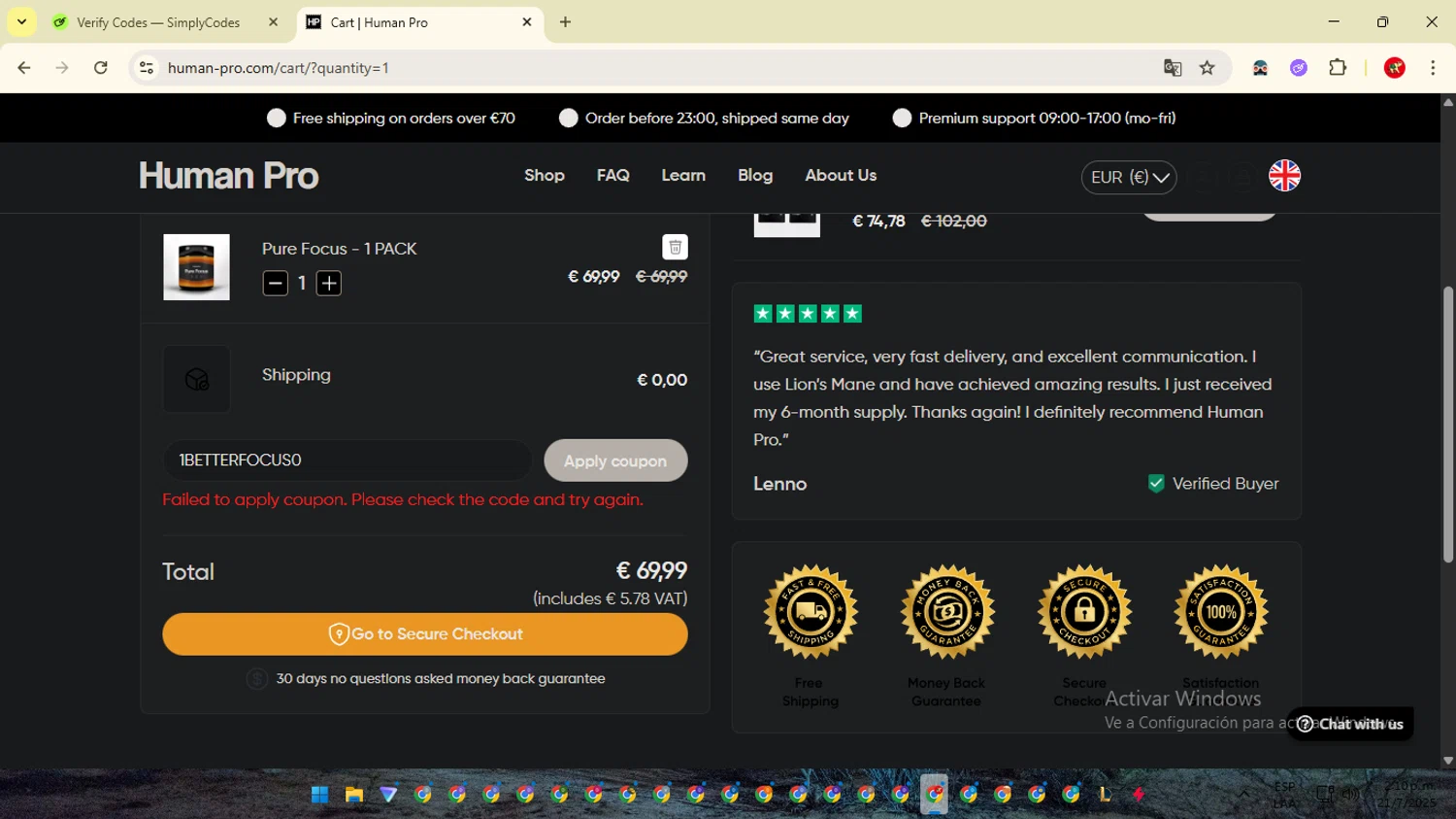 Human Pro promo code screenshot showing code 1BETTERFOCUS0 applied at Human Pro checkout page. Uploaded by SimplyCodes community member ShrewdCaptain2457 on Jul 21, 2025