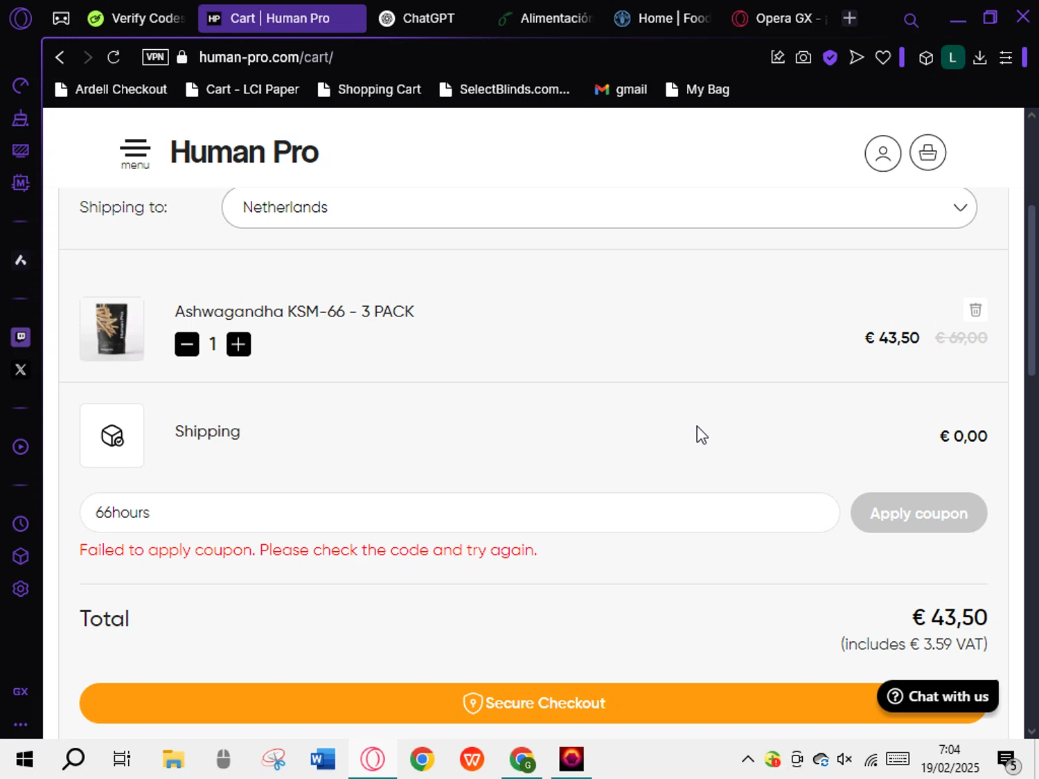 Human Pro promo code screenshot showing code 66hours applied at Human Pro checkout page. Uploaded by SimplyCodes community member DiscountTiger7720 on Feb 19, 2025