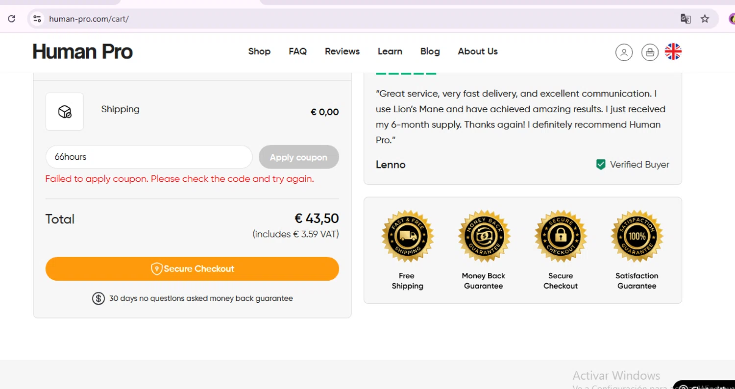 Human Pro promo code screenshot showing code 66hours applied at Human Pro checkout page. Uploaded by SimplyCodes community member VictoriousFox7135 on Feb 19, 2025
