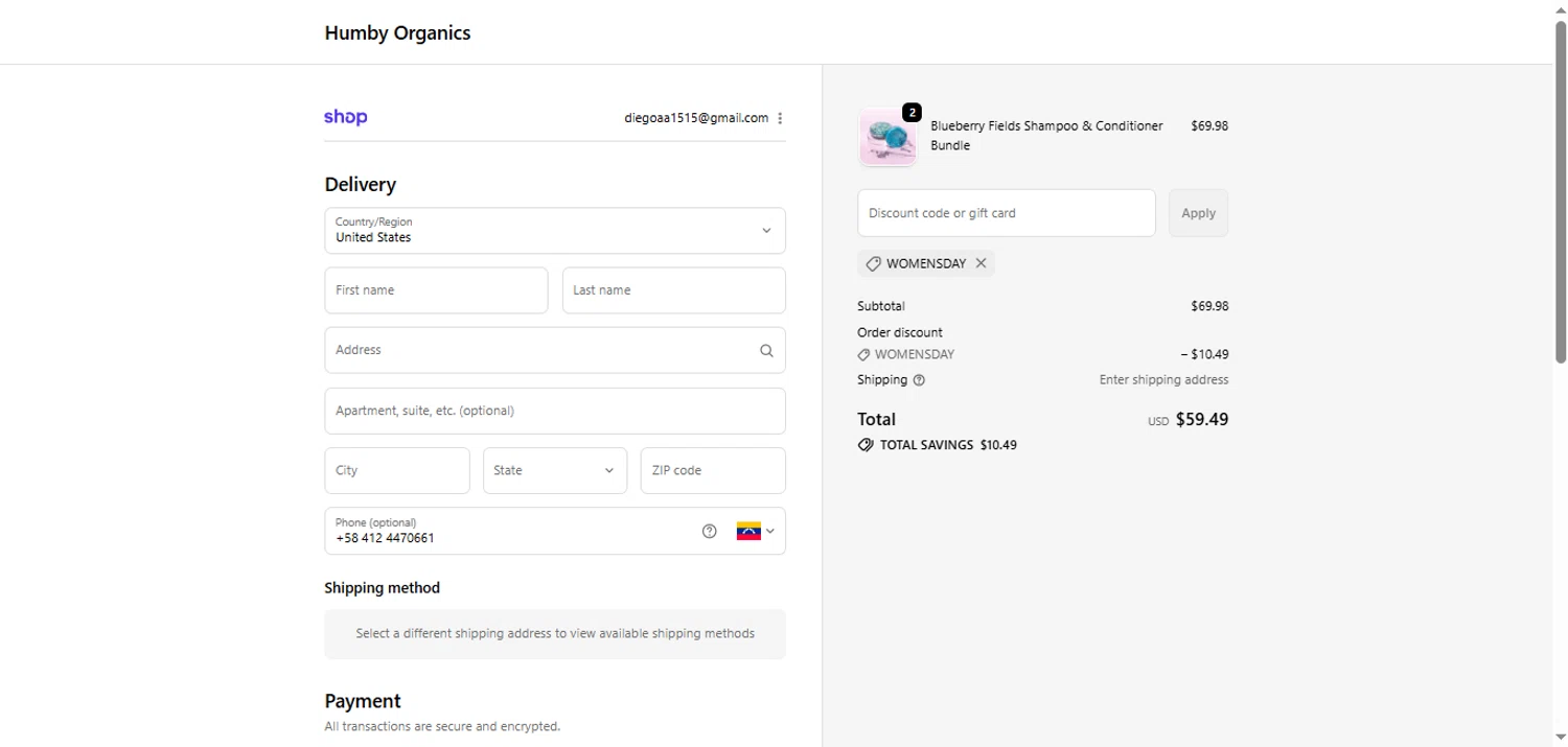 Humby Organics discount code screenshot showing code WOMENSDAY applied at Humby Organics checkout page. Uploaded by SimplyCodes community member BargainShopper1384 on Oct 4, 2025