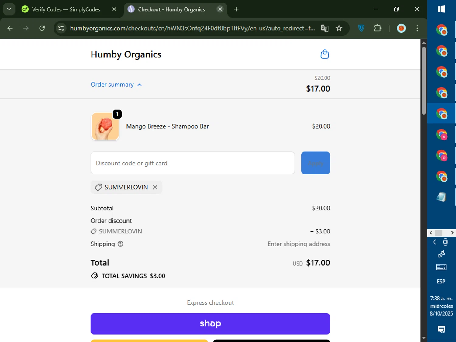 Humby Organics discount code screenshot showing code SUMMERLOVIN applied at Humby Organics checkout page. Uploaded by SimplyCodes community member DealTiger9869 on Oct 8, 2025