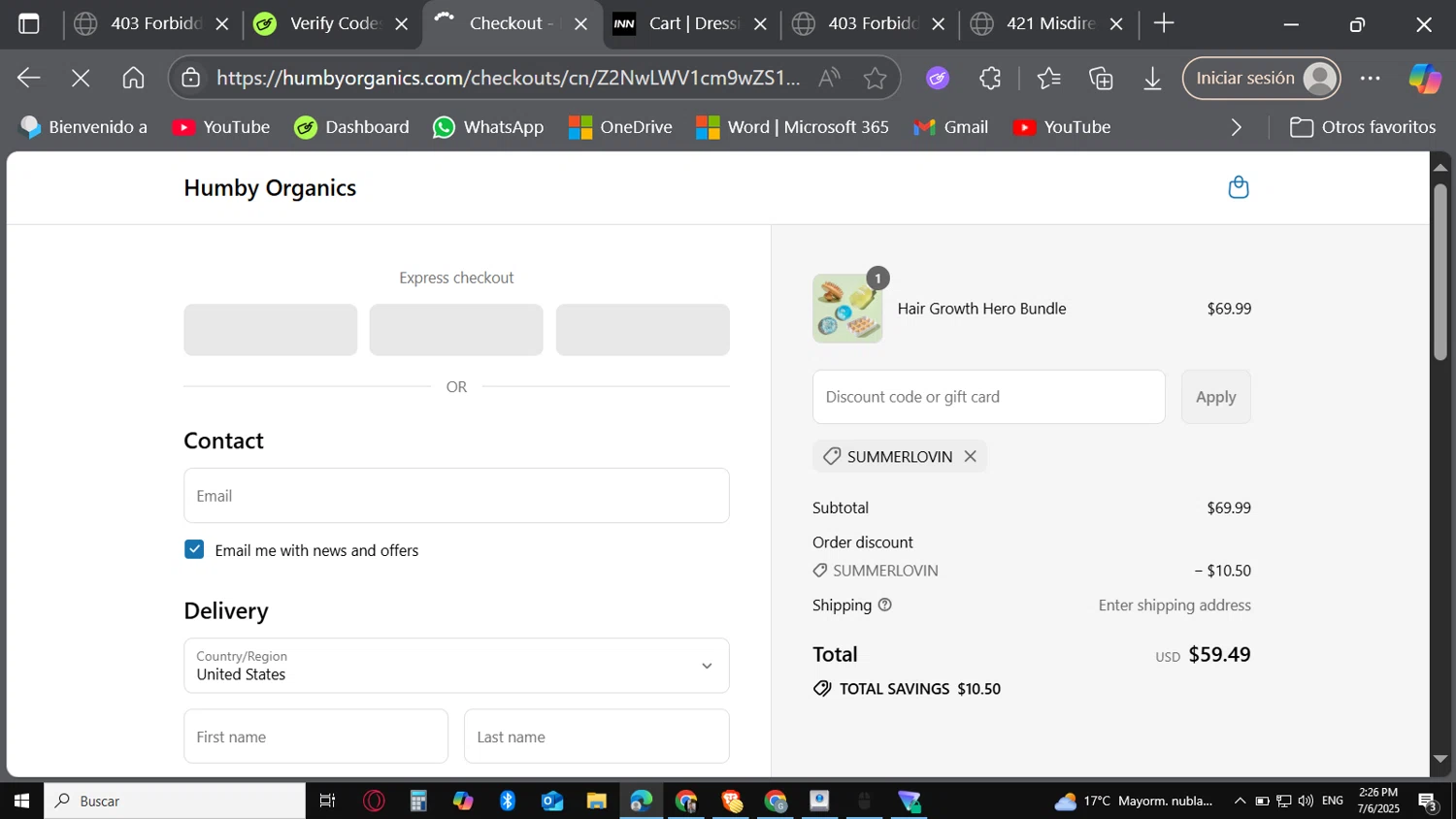 Humby Organics discount code screenshot showing code SUMMERLOVIN applied at Humby Organics checkout page. Uploaded by SimplyCodes community member Carbon132 on Jul 6, 2025