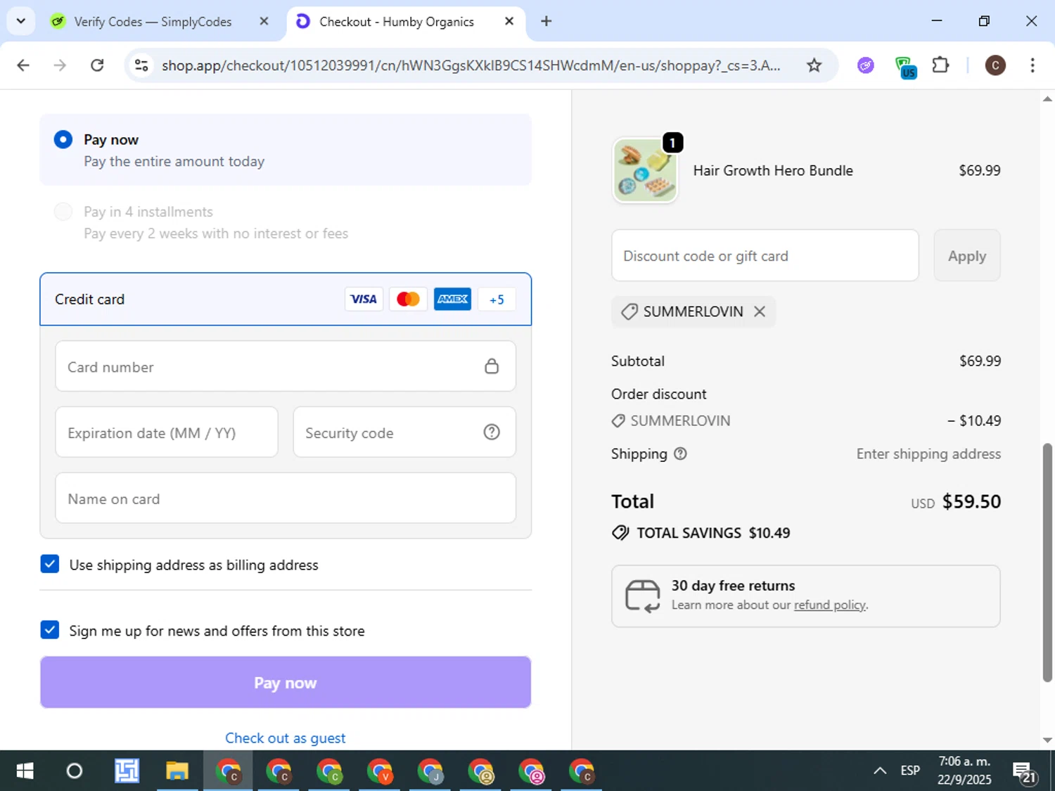 Humby Organics discount code screenshot showing code SUMMERLOVIN applied at Humby Organics checkout page. Uploaded by SimplyCodes community member TreasureFox8596 on Sep 22, 2025