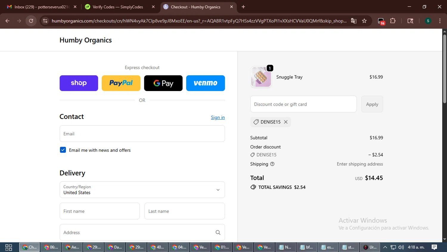 Humby Organics discount code screenshot showing code Denise15 applied at Humby Organics checkout page. Uploaded by SimplyCodes community member ShrewdAce7935 on Nov 5, 2025