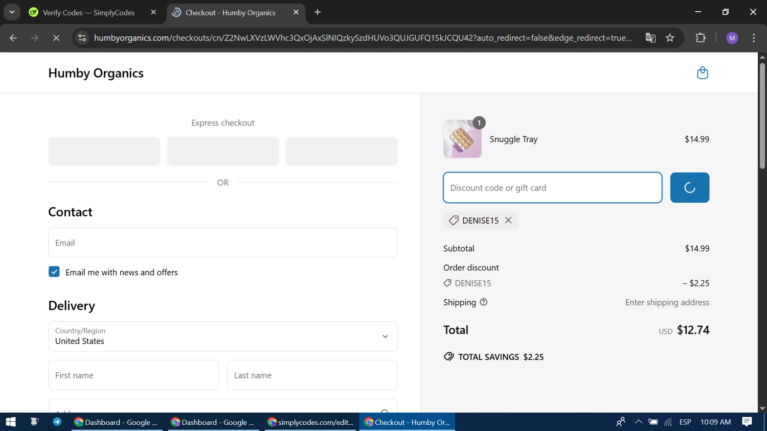 Humby Organics discount code screenshot showing code Denise15 applied at Humby Organics checkout page. Uploaded by SimplyCodes community member CodeLegend9632 on Apr 23, 2025