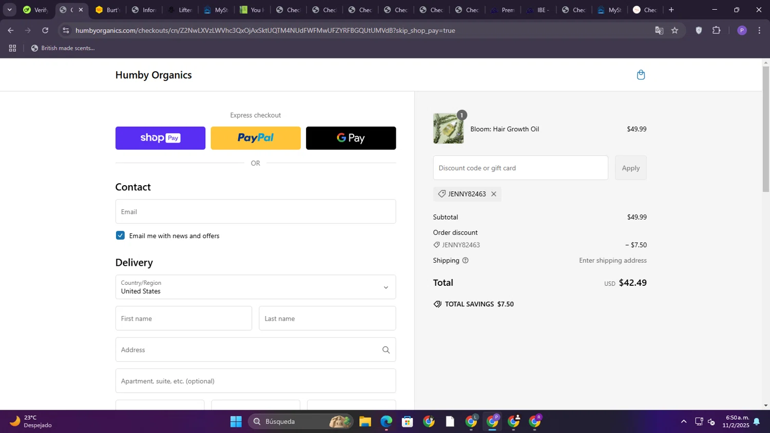 Humby Organics discount code screenshot showing code JENNY82463 applied at Humby Organics checkout page. Uploaded by SimplyCodes community member TreasureMaestro5377 on Feb 11, 2025