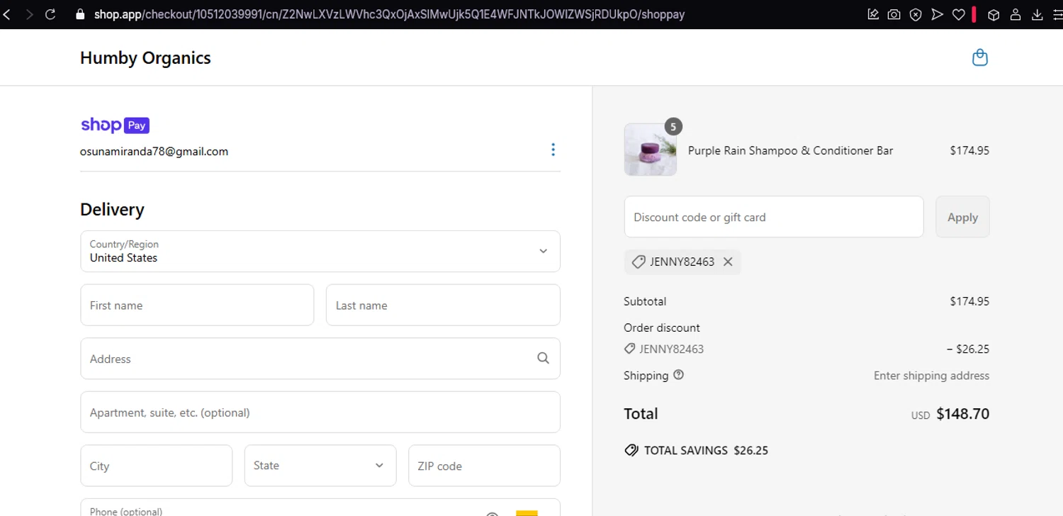 Humby Organics discount code screenshot showing code JENNY82463 applied at Humby Organics checkout page. Uploaded by SimplyCodes community member THEPEKET on Apr 17, 2025