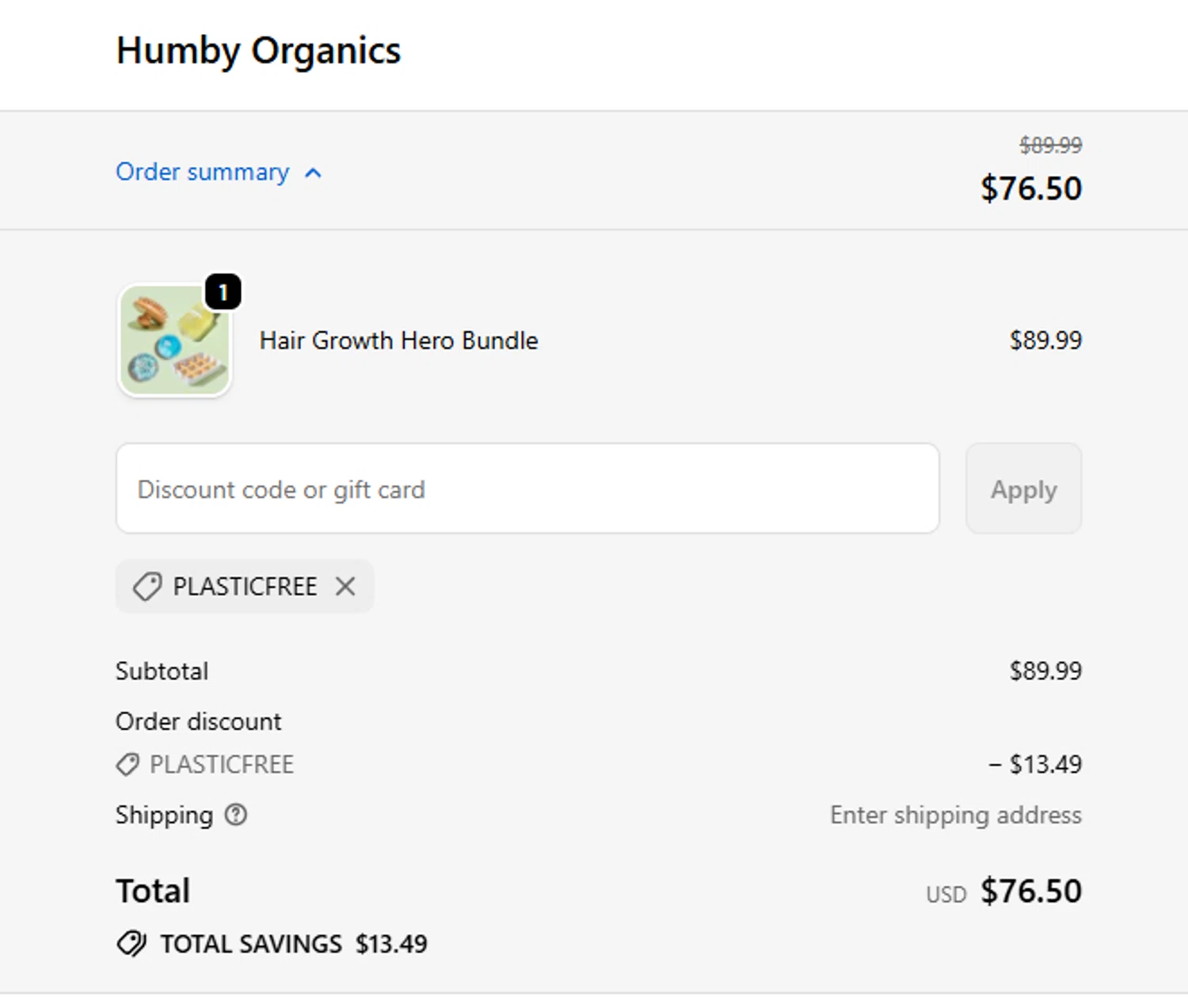 Humby Organics discount code screenshot showing code PLASTICFREE applied at Humby Organics checkout page. Uploaded by SimplyCodes community member ElAuronPlay on Oct 20, 2025