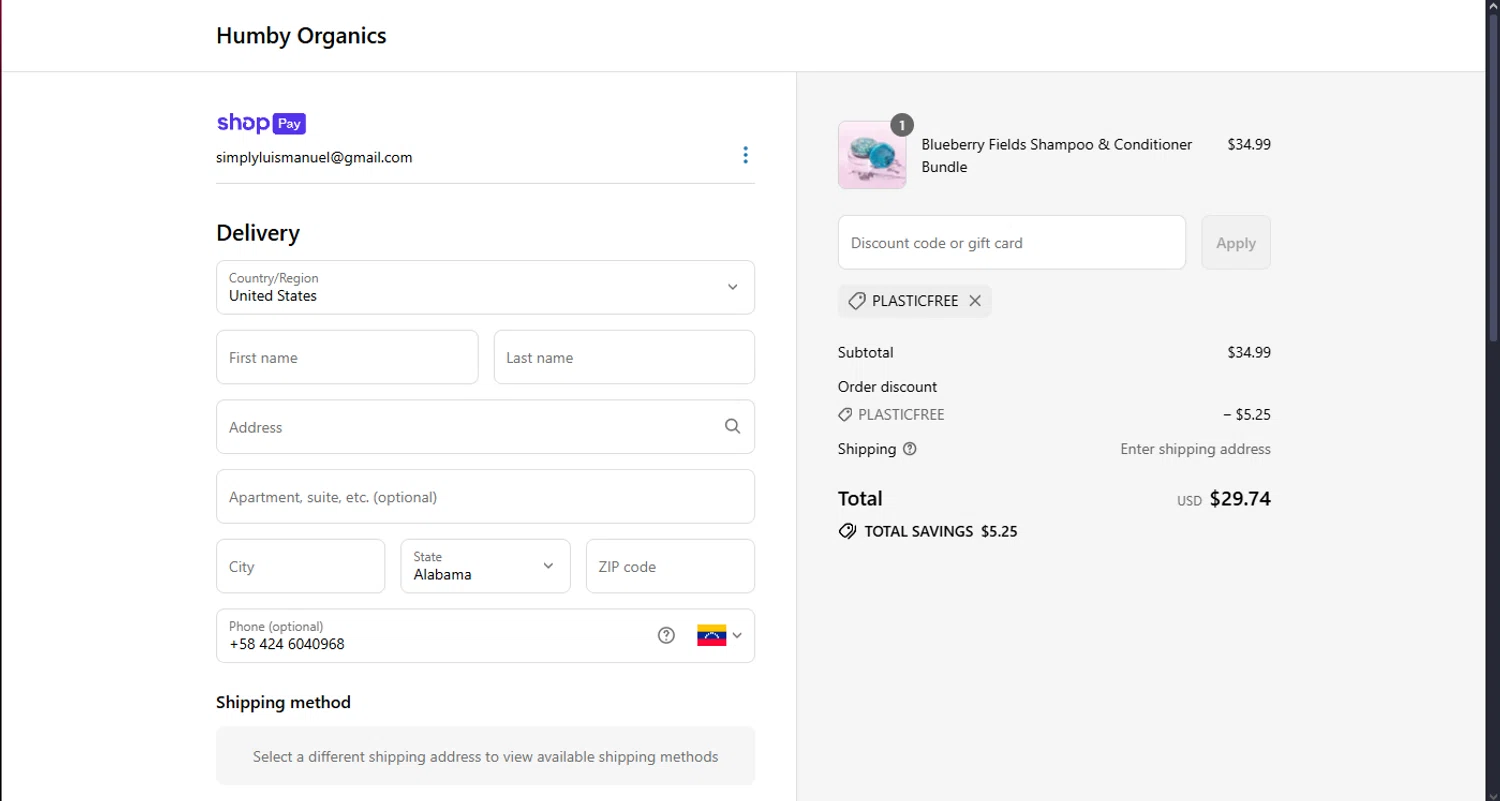 Humby Organics discount code screenshot showing code PLASTICFREE applied at Humby Organics checkout page. Uploaded by SimplyCodes community member MoneyScout2554 on Jul 6, 2025