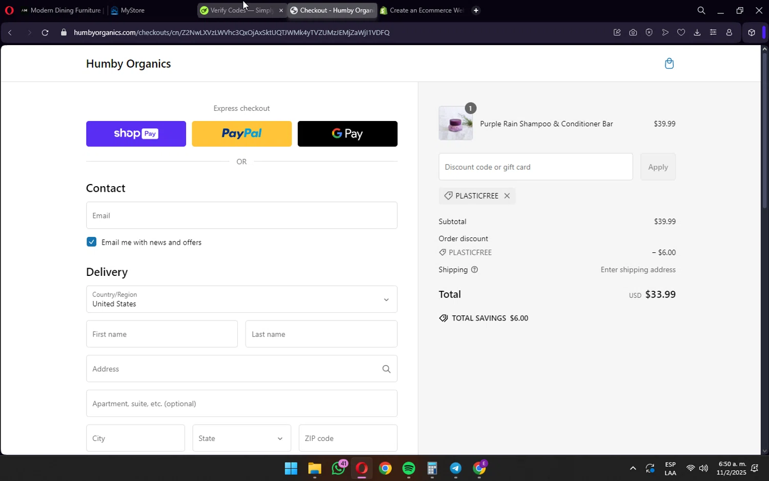 Humby Organics discount code screenshot showing code PLASTICFREE applied at Humby Organics checkout page. Uploaded by SimplyCodes community member wednesday on Feb 11, 2025