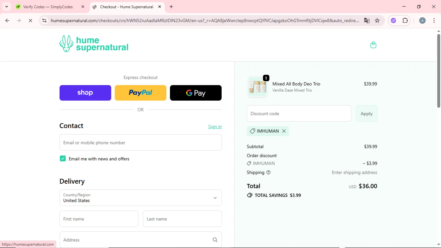 Hume Supernatural checkout page showing Hume Supernatural discount code box | Screenshot taken by SimplyCodes community member on Nov 8, 2025