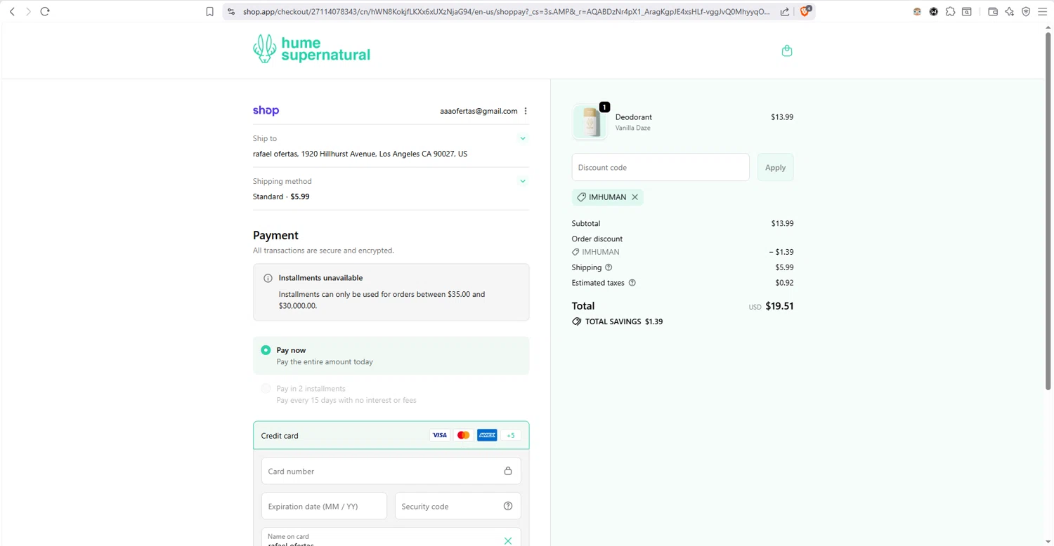 Hume Supernatural checkout page showing Hume Supernatural discount code box | Screenshot taken by SimplyCodes community member on Feb 2, 2026