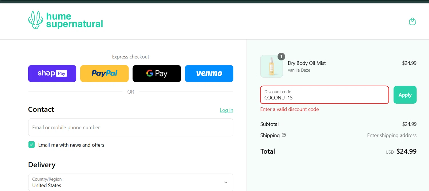 Hume Supernatural discount code screenshot showing code COCONUT15 applied at Hume Supernatural checkout page. Uploaded by SimplyCodes community member enzoonova on Apr 25, 2025