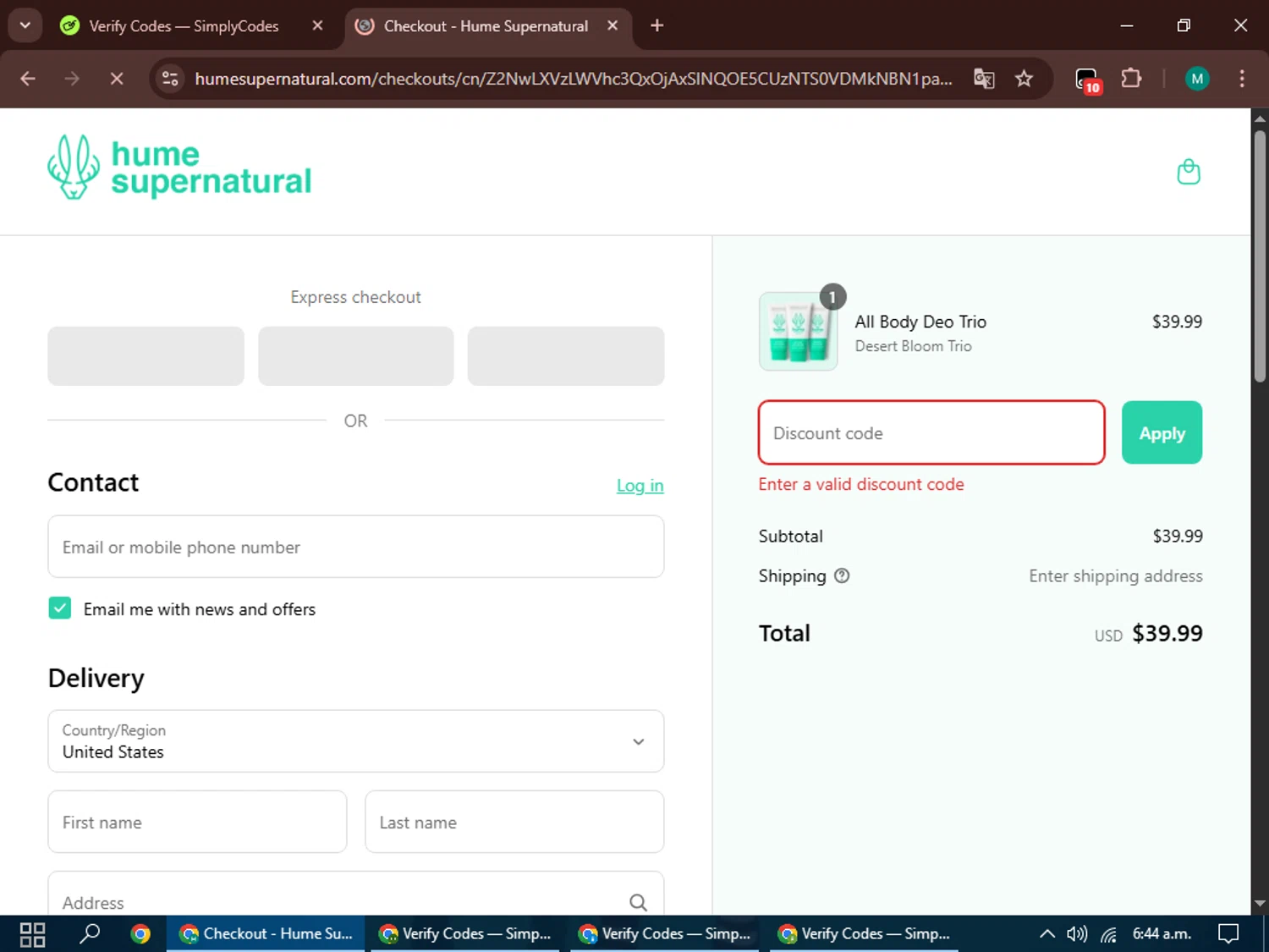 Hume Supernatural discount code screenshot showing code COCONUT15 applied at Hume Supernatural checkout page. Uploaded by SimplyCodes community member my_melody on Apr 25, 2025