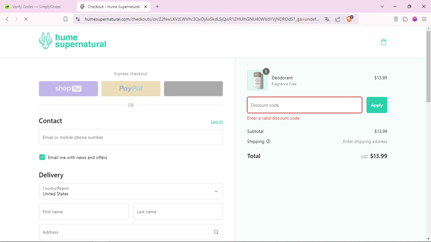 Hume Supernatural discount code screenshot showing code FREESHIP applied at Hume Supernatural checkout page. Uploaded by SimplyCodes community member DazzLL on Jan 2, 2025